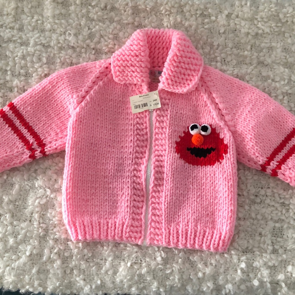 Beautiful hand knit Elmo zip up sweater